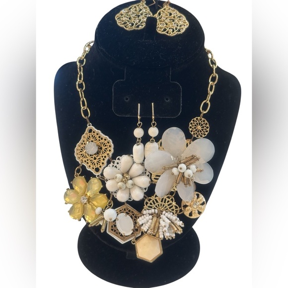 INC VTG Gold Chain White Filigree Floral Statement Necklace & Earring Set Signed - Picture 3 of 7